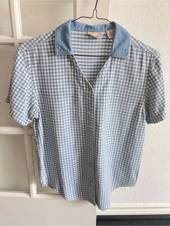 Tops - Vintage Light Blue Gingham Short-Sleeve Shirt